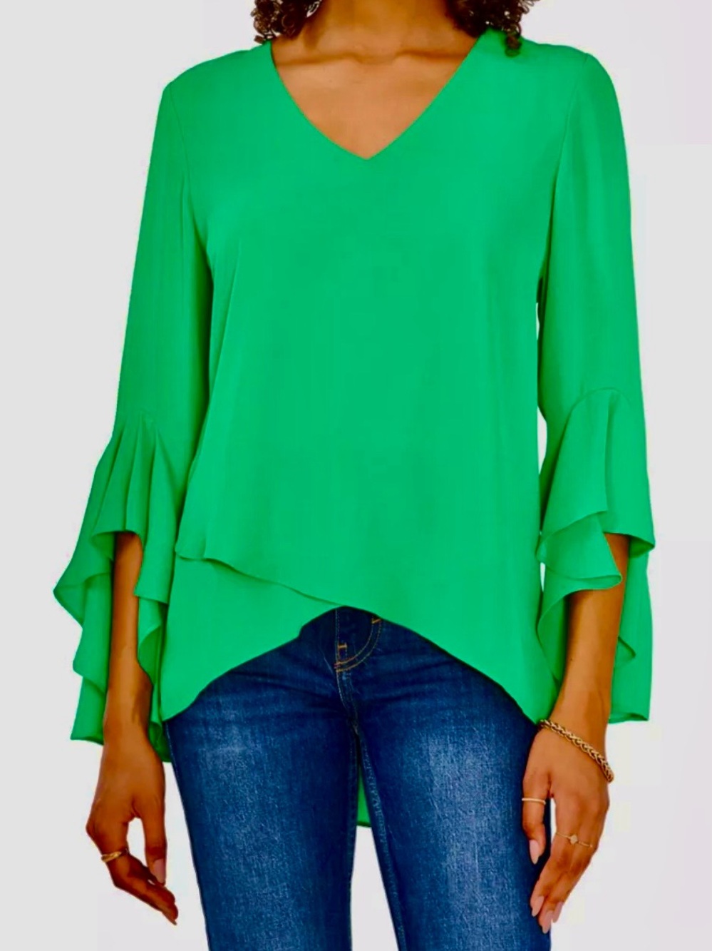 Vince Camuto Emerald Green V-Neck Ruffle Sleeve Blouse Sz M